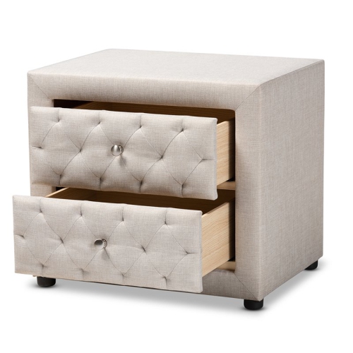 Baxton Studio Lepine 2-Drawer Tufted Fabric and Wood Nightstand in Light Beige