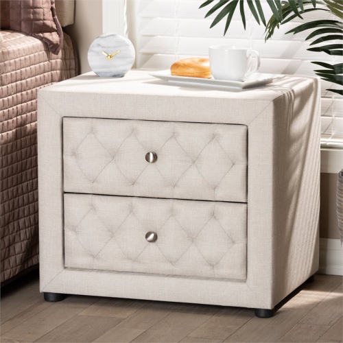 Baxton Studio Lepine 2-Drawer Tufted Fabric and Wood Nightstand in Light Beige
