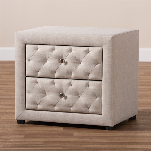 Baxton Studio Lepine 2-Drawer Tufted Fabric and Wood Nightstand in Light Beige