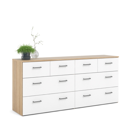 Bowery Hill Engineered Wood Low Profile 8 Drawer Double Dresser in Oak and White