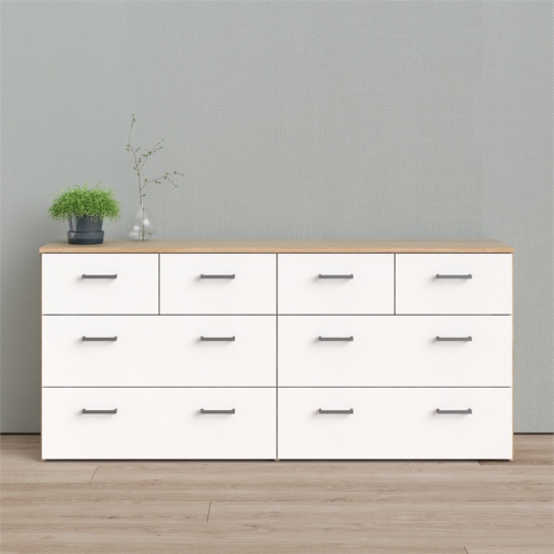 Bowery Hill Engineered Wood Low Profile 8 Drawer Double Dresser in Oak and White