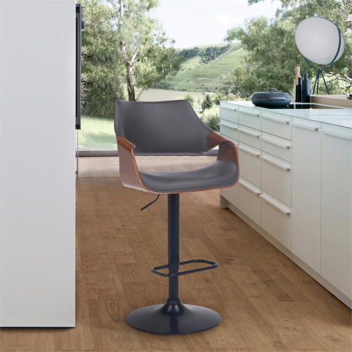 Aspen Adjustable Swivel Grey Faux Leather and Walnut Wood Bar Stool