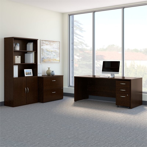 Series C 72"W Office Desk with Bookcase and File Cabinets in Mocha Cherry