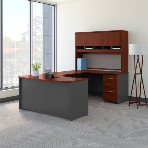 Series C Right Hand Bow U-Shaped Desk with Hutch and Storage in Hansen Cherry
