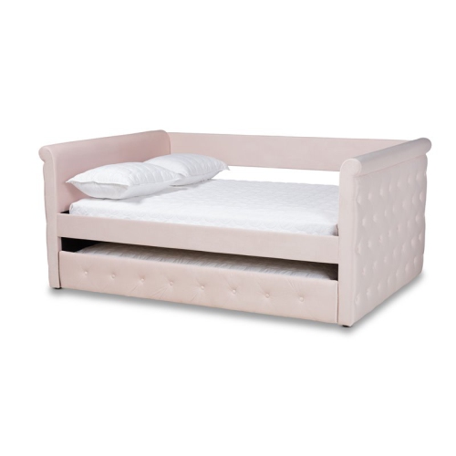 BAXTON STUDIO  Amaya Velvet And Wood Full Daybed With Trundle In Light Pink