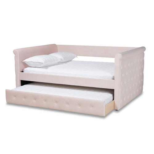 Baxton Studio Amaya Velvet and Wood Full Daybed with Trundle in Light Pink