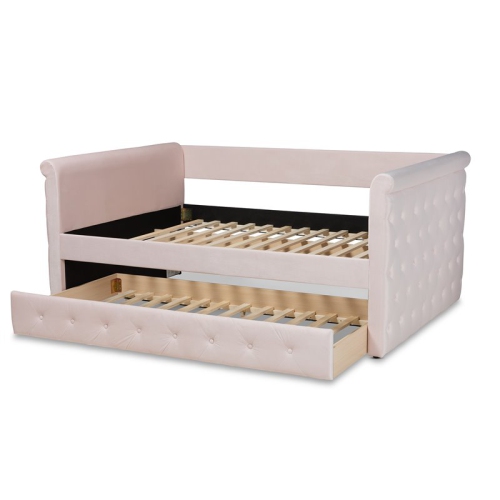 Baxton Studio Amaya Velvet and Wood Full Daybed with Trundle in Light Pink