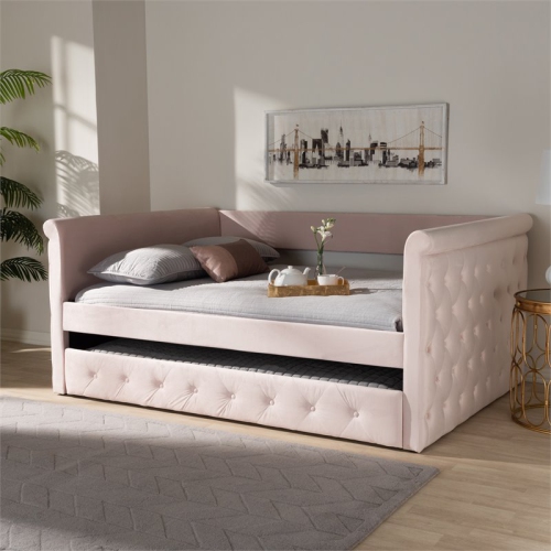 Baxton Studio Amaya Velvet and Wood Full Daybed with Trundle in Light Pink