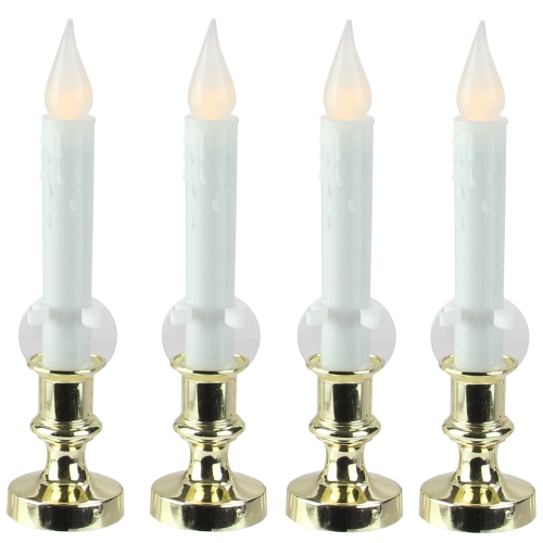 NORTHLIGHT  Set Of 4 And Gold Led C5 Flickering Window Christmas Candle Lamp With Timer 8.5" In White