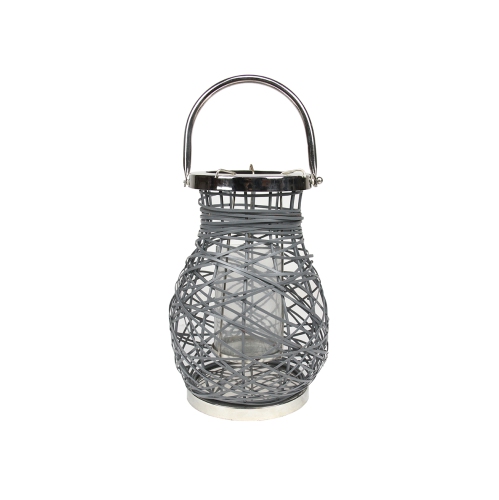 13.5" Modern Gray Decorative Woven Iron Pillar Candle Lantern with Glass Hurricane