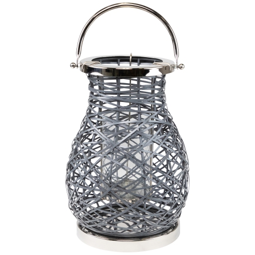 13.5" Modern Gray Decorative Woven Iron Pillar Candle Lantern with Glass Hurricane