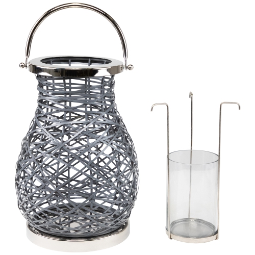13.5" Modern Gray Decorative Woven Iron Pillar Candle Lantern with Glass Hurricane