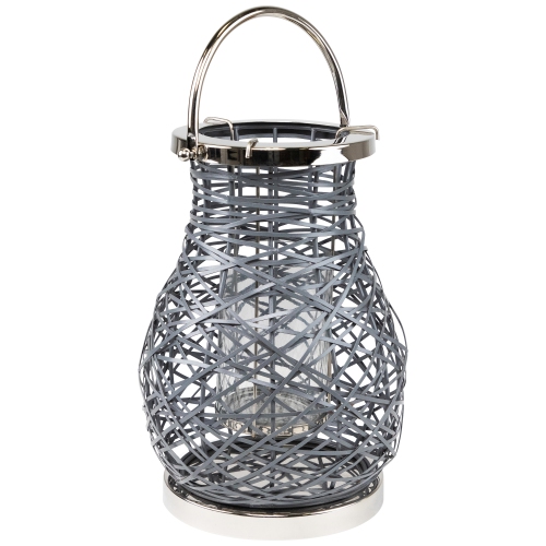 13.5" Modern Gray Decorative Woven Iron Pillar Candle Lantern with Glass Hurricane