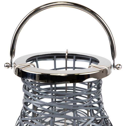 13.5" Modern Gray Decorative Woven Iron Pillar Candle Lantern with Glass Hurricane