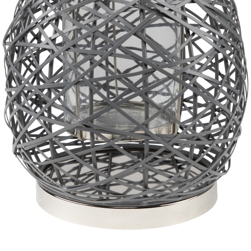 13.5" Modern Gray Decorative Woven Iron Pillar Candle Lantern with Glass Hurricane