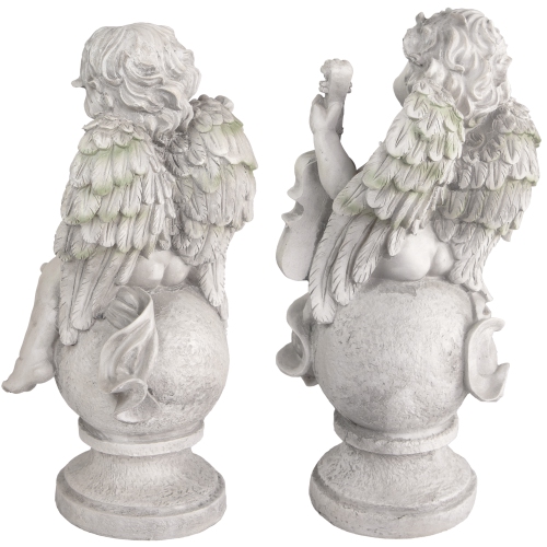 14.75" Ivory Set of 2 Cherub Angels with Violin and Harp Sitting on Finials Outdoor Garden Statues