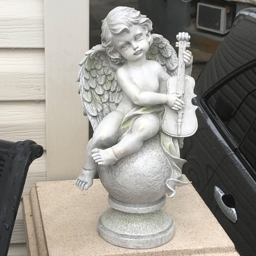 14.75" Ivory Set of 2 Cherub Angels with Violin and Harp Sitting on Finials Outdoor Garden Statues