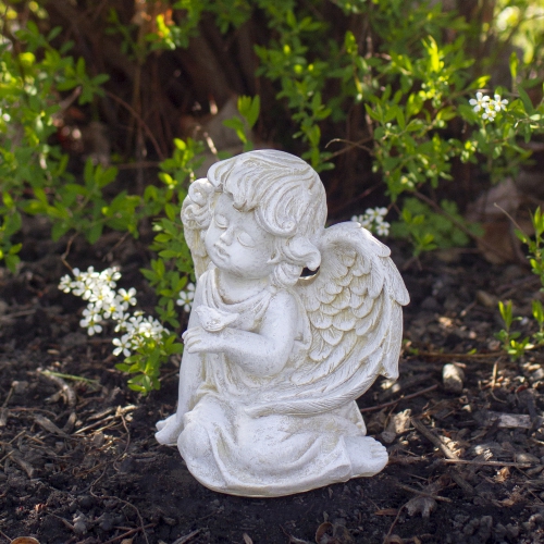 6" Ivory Sitting Angel with Bird Outdoor Garden Statue