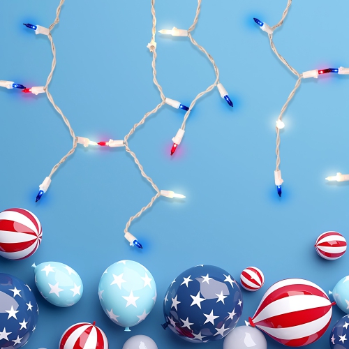 105 Red and Blue 4th of July Mini Icicle Lights - 6.5 ft White Wire