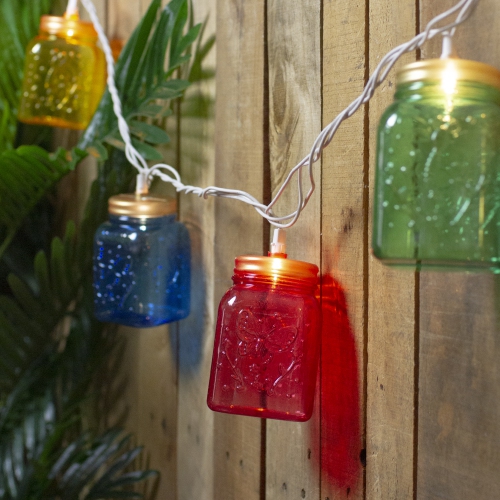 10-Count Multi-Color Mini Mason Jar Novelty String Light Set, 7.5ft White Wire
