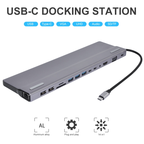 Station d’accueil USB-C 14-en-1, clé USB-C avec HDMI, VGA, 5 ports USB, PD, fente pour carte TF/SD, Port LAN RJ45, port audio 3,5 mm, 2 ports de