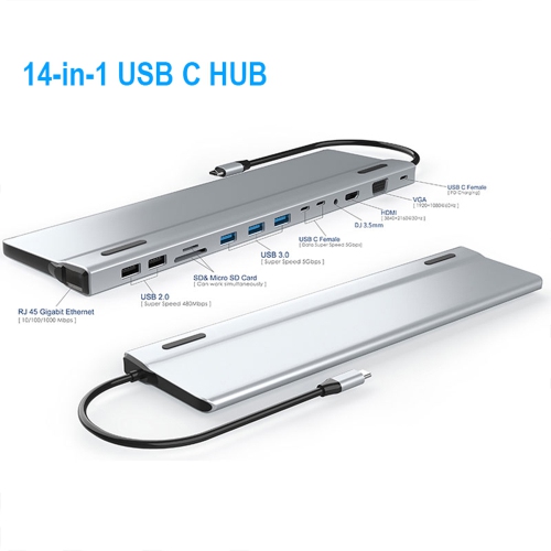 Station d’accueil USB-C 14-en-1, clé USB-C avec HDMI, VGA, 5 ports USB, PD, fente pour carte TF/SD, Port LAN RJ45, port audio 3,5 mm, 2 ports de