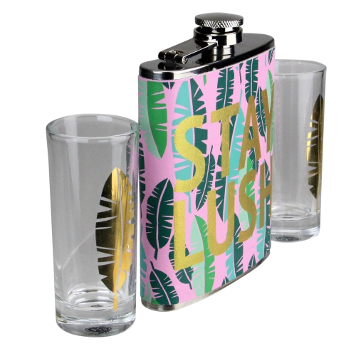 Tropical "Stay Lush" Flask and Shot Glass Gift Set 7 oz.