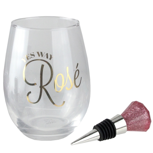 Pink Glittered Diamond Rosé Stemless Wine Glass and Bottle Stopper Gift Set 16oz
