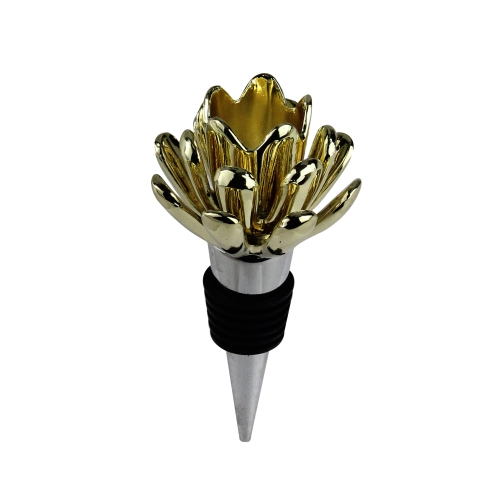 4" Handcrafted Gold Flower Stainless Steel Wine Bottle Stopper and Candle Holder