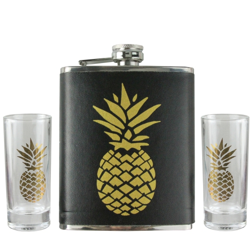 3-Piece Black and Metallic Gold Tropical Pineapple Flask and Shot Glass Set