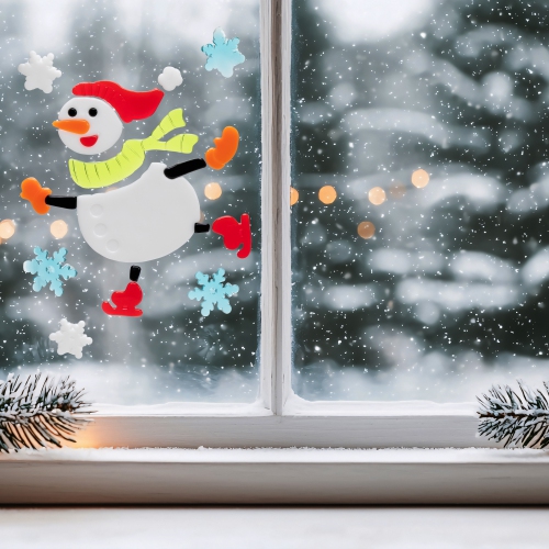 6-Piece Skating Snowman and Snowflakes Gel Christmas Window Clings