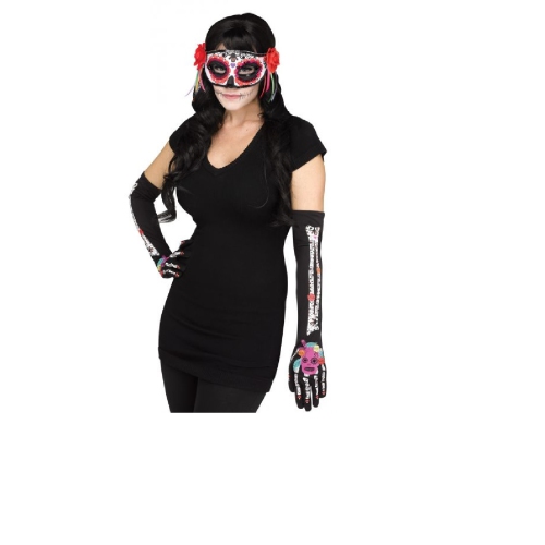 Ensemble avec masque et gants d’Halloween Day of the Dead pour femmes, 20 po