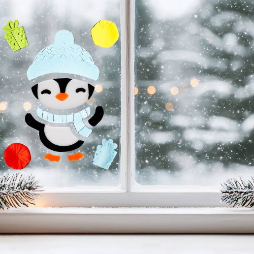 Image 1 de 5.. Autocollants de fenêtre de Noël en gel, pingouin et cadeaux, 11 pièces