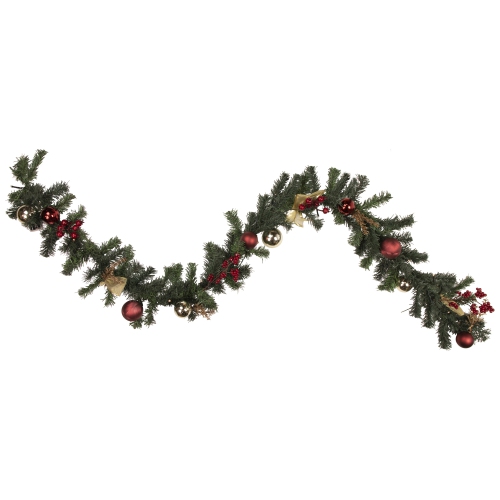 Image 1 of 3.. Pre-Lit Battery Operated Decorated Pine Christmas Garland - 6' x 8" - Warm White LED Lights