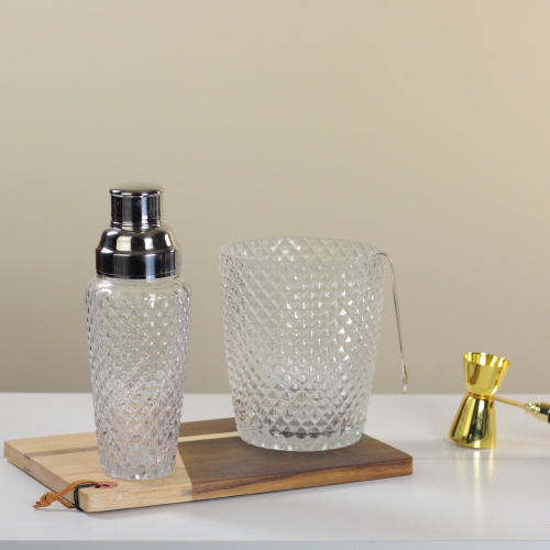 Set of 3 Diamond Cut Handcrafted Clear Cocktail Shaker with Bucket and Tong 9.5"