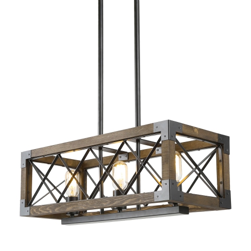 Image 1 of 7.. Linear Farmhouse 3-Light Rectangle Wood Chandelier