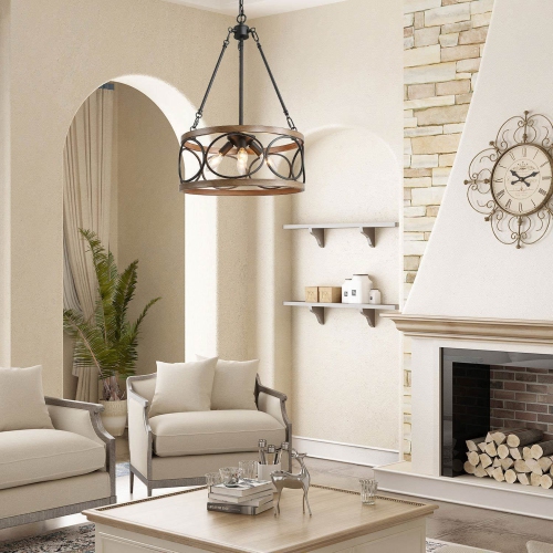 Modern 4-Light Wood Drum Chandelier
