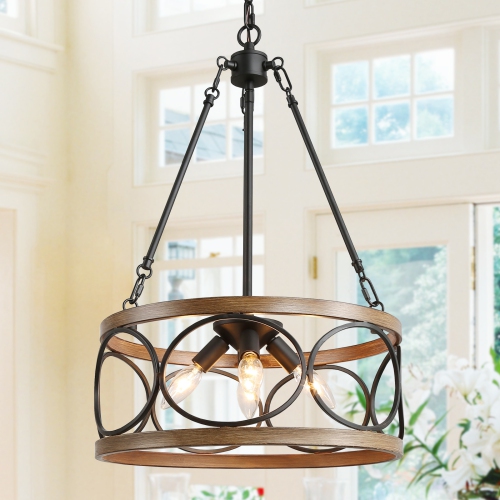 Modern 4-Light Wood Drum Chandelier
