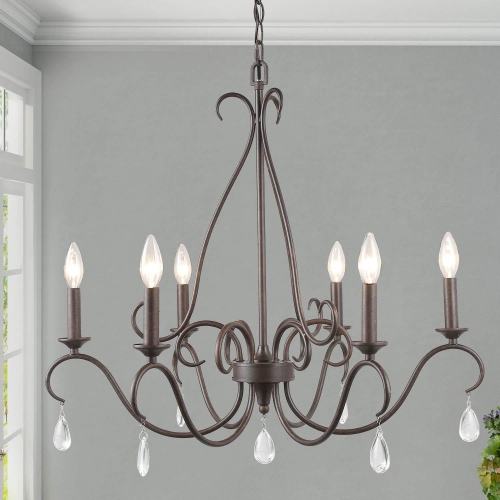 Modern 6-Light Rusted French Country Chandelier with Crystals