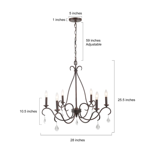 Modern 6-Light Rusted French Country Chandelier with Crystals