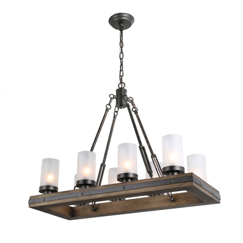 Farmhouse 8-Light Rectangle Wood Chandelier with Frosted Glass