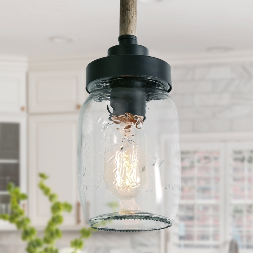 Industrial 1-Light Single Mason Jar Pendant with Wood Stick