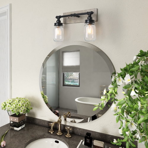 Industrial 2-Light Mason Jar Minimal Farmhouse Bathroom Vanity Light