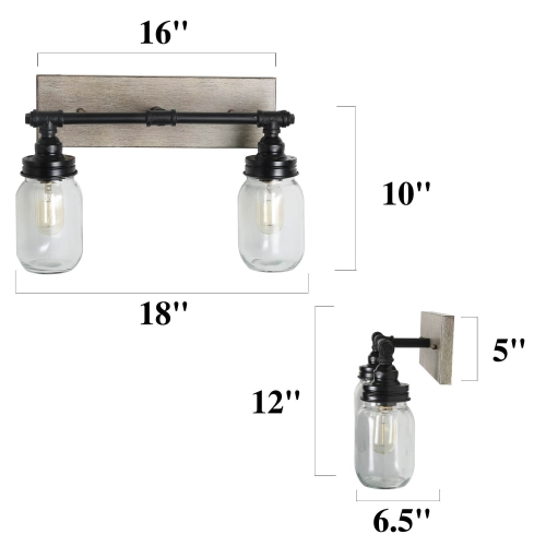 Industrial 2-Light Mason Jar Minimal Farmhouse Bathroom Vanity Light