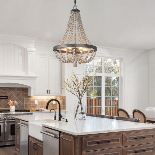 Bohemian 6-Light Traditional Chandelier with Gray Wood Beads