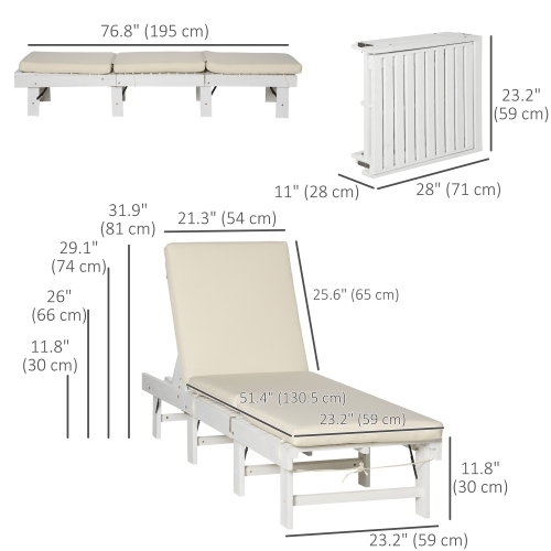 Outsunny Wooden Folding Chaise Lounge, Outdoor Chaise Lounge Chair, Garden Reclining Tanning Chair with 4 Adjustable Back Soft Cushions, White