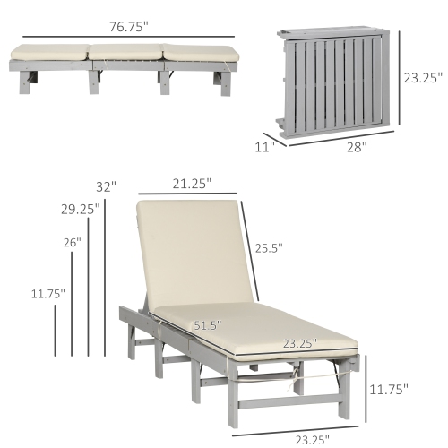 Outsunny Wooden Folding Chaise Lounge, Outdoor Chaise Lounge Chair, Garden Reclining Tanning Chair with 4 Adjustable Back Soft Cushions, Light Grey
