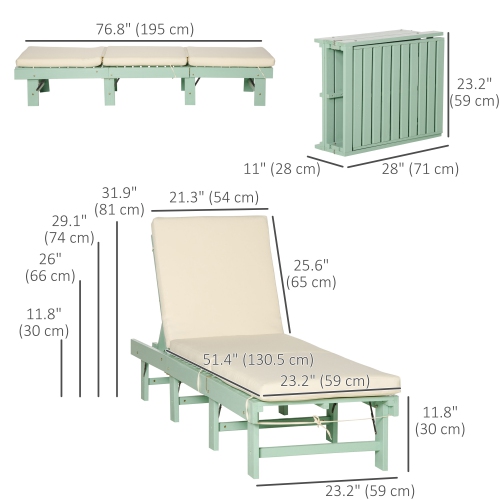 Outsunny Wooden Folding Chaise Lounge, Outdoor Chaise Lounge Chair, Garden Reclining Tanning Chair with 4 Adjustable Back Soft Cushions, Green