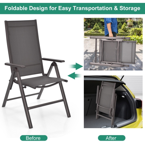 2 Pieces Patio Folding Dining Chairs Aluminium Adjustable Back-Gray