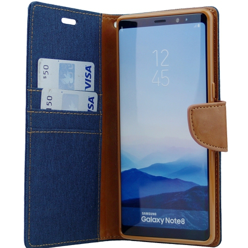 TopSave Goospery CANVAS Card Slot w/Magnetic Clip Denim Cloth Folio Wallet Flip For Samsung Galaxy Note 8, Navy Blue